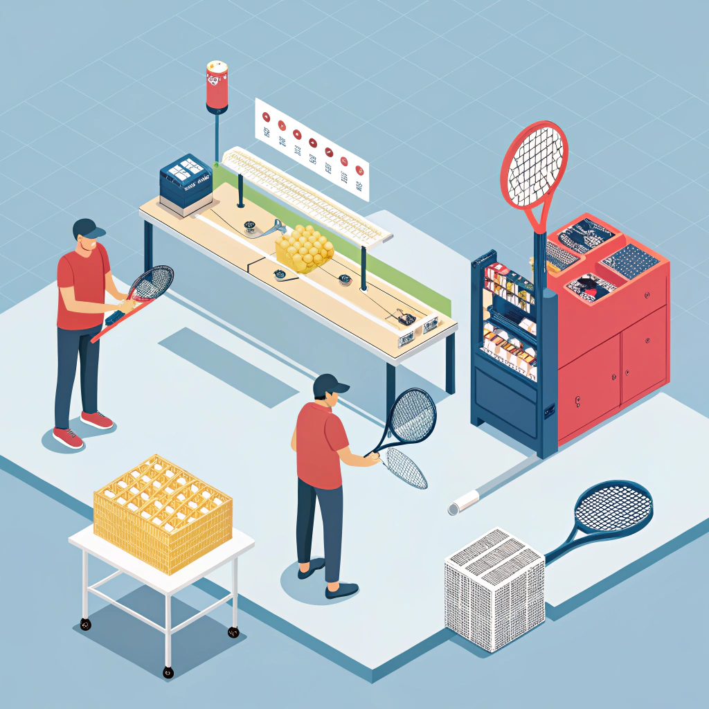 Flat 2D illustration of a modern padel equipment production facility with simple design