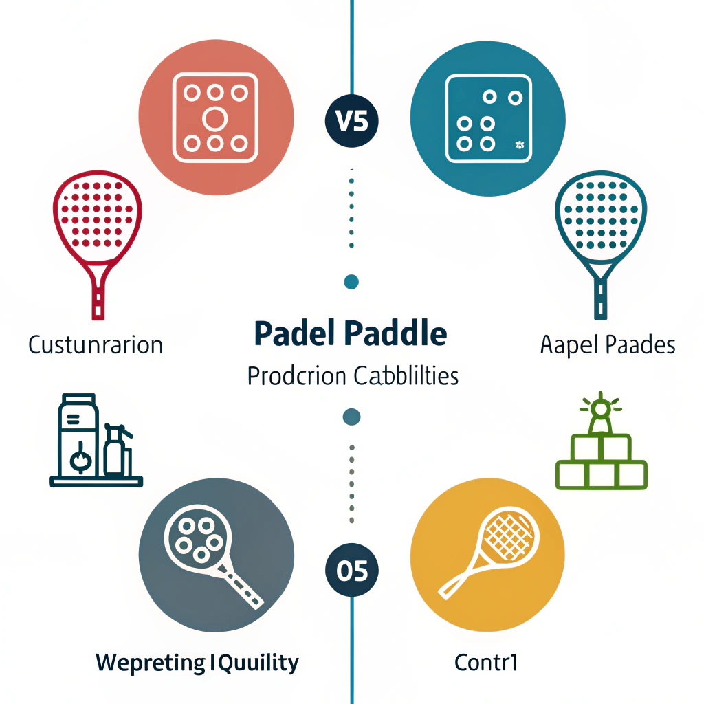 Minimalistic infographic of padel paddle production capabilities with comparative icons
