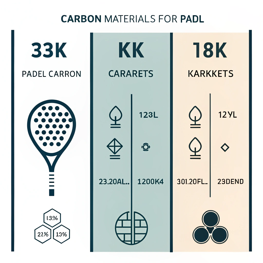 Minimalistic infographic showing 3k, 12k, and 18k carbon fiber comparisons for padel rackets