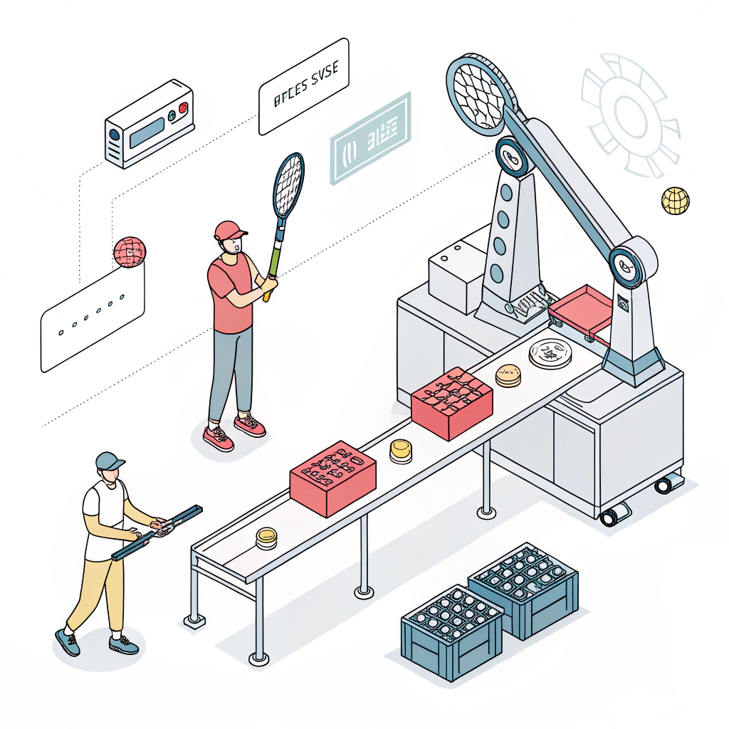 "Minimal illustration showing automated quality control in a padel racket manufacturing process."
