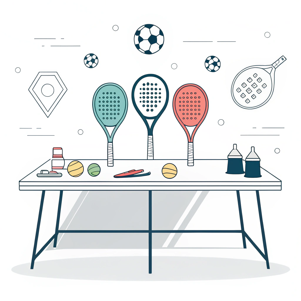 Simple 2D illustration of padel rackets being prepared at a customization workstation