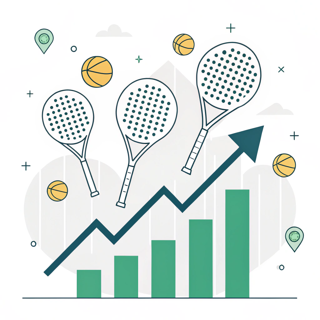 Flat design illustration showing padel sports equipment and dynamic market growth symbols.