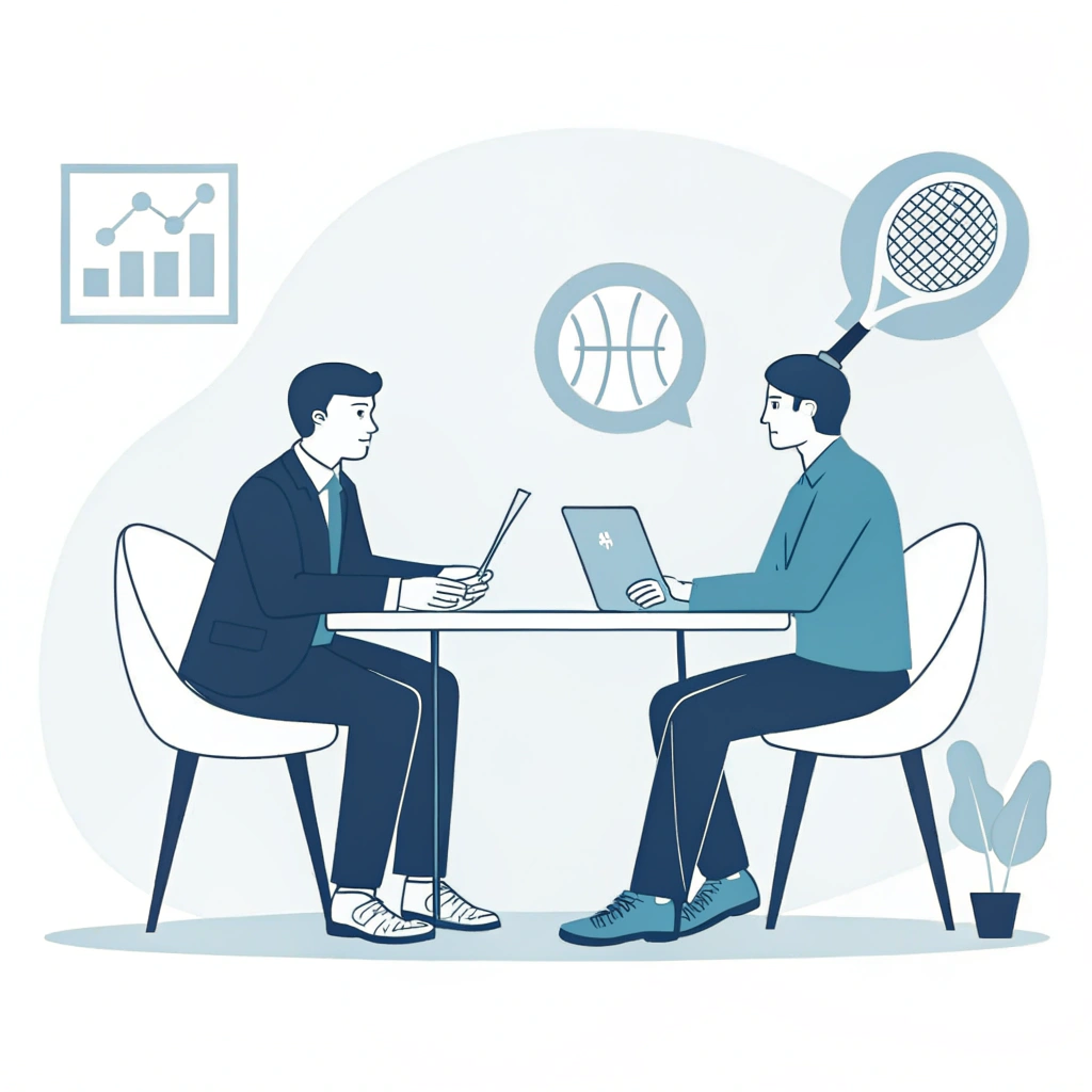 Minimalistic consultation meeting illustration with padel elements representing partnership and reliability.