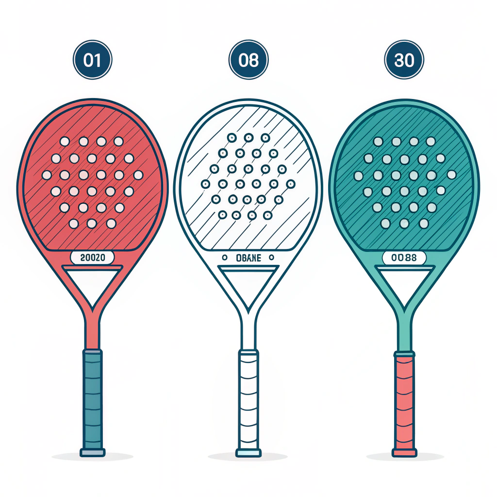 Minimal 2D illustration of diamond, round, and teardrop padel rackets in vibrant colors.