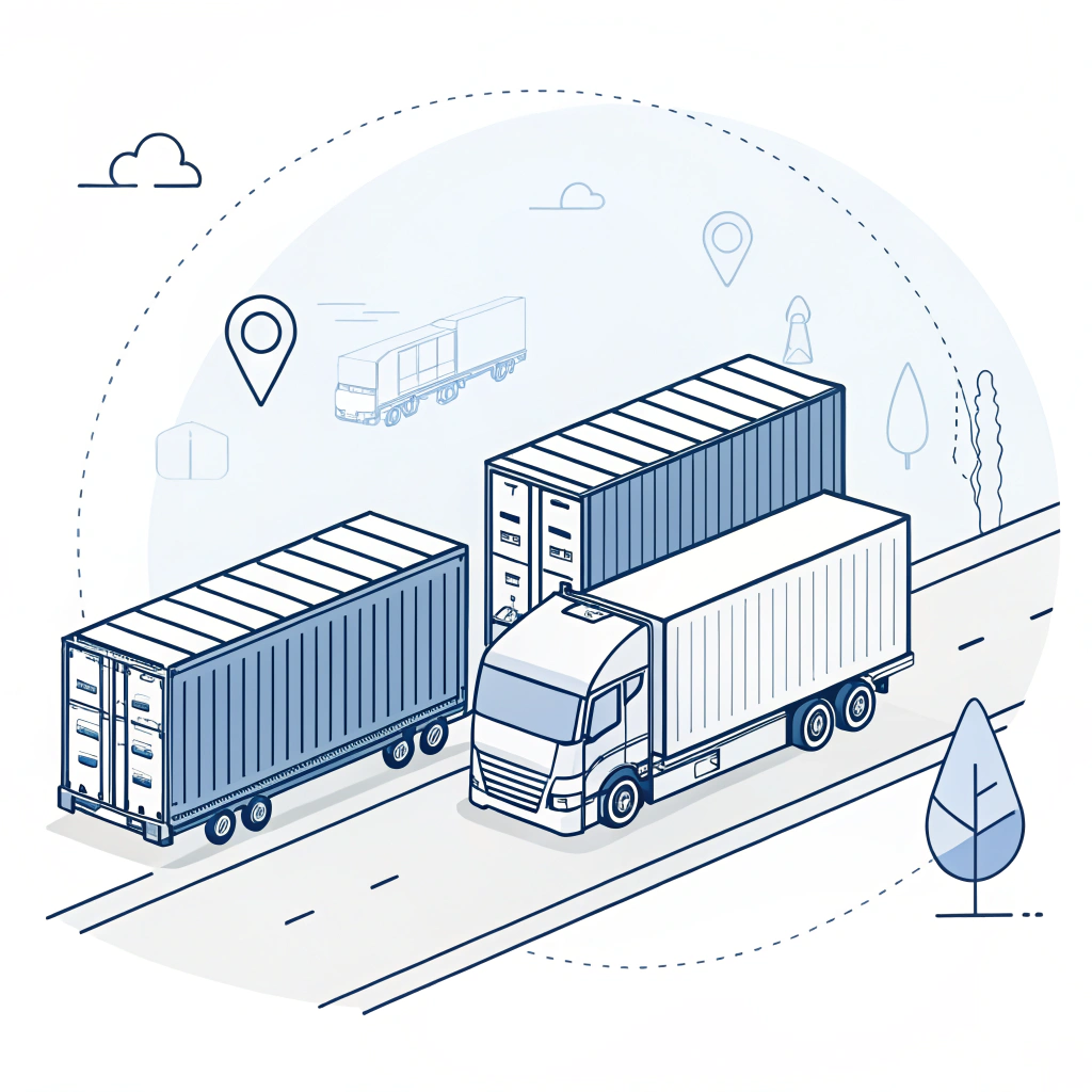 Minimalist 2D illustration of efficient logistics with shipping containers and truck