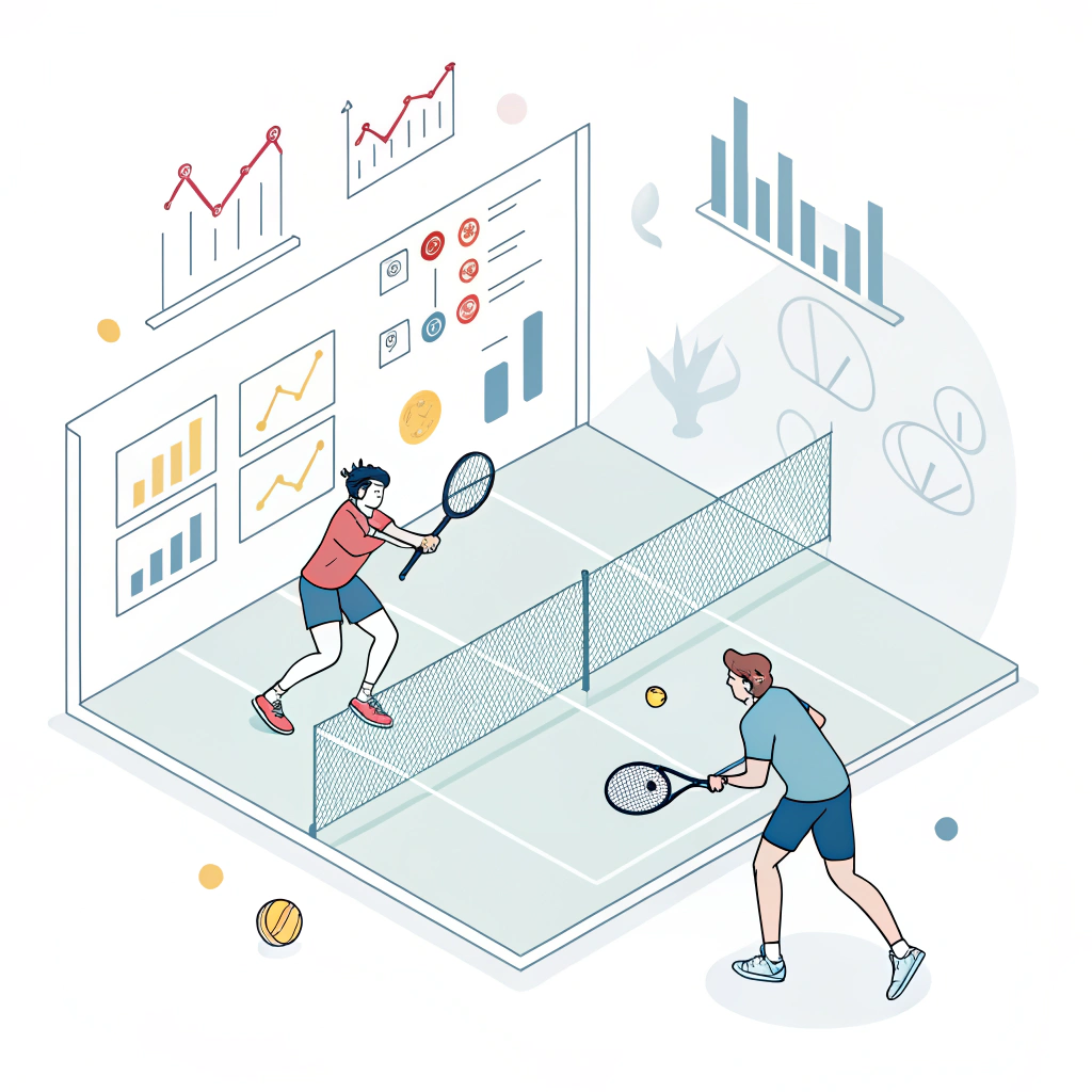Simple illustration merging padel gameplay with abstract digital analytics symbols.