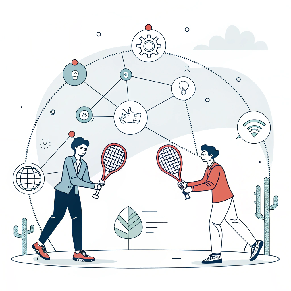 2D minimalist illustration capturing networking and innovation in a padel event atmosphere