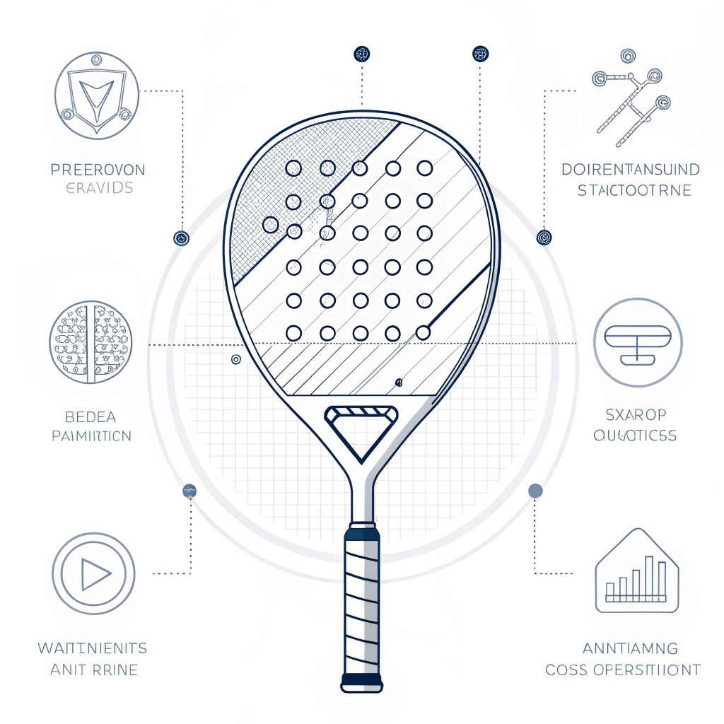 "Clean 2D illustration highlighting technical features of padel racket production."