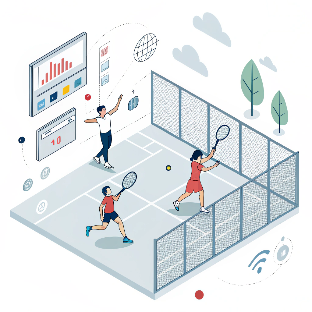 A vibrant 2D minimalist depiction of a padel event with streaming and digital elements in play.