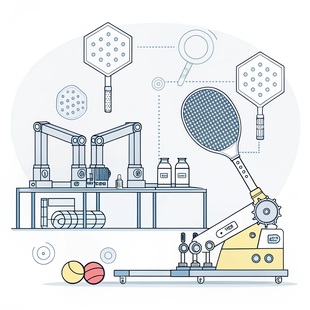 minimalist 2D illustration of advanced paddle production with quality control elements