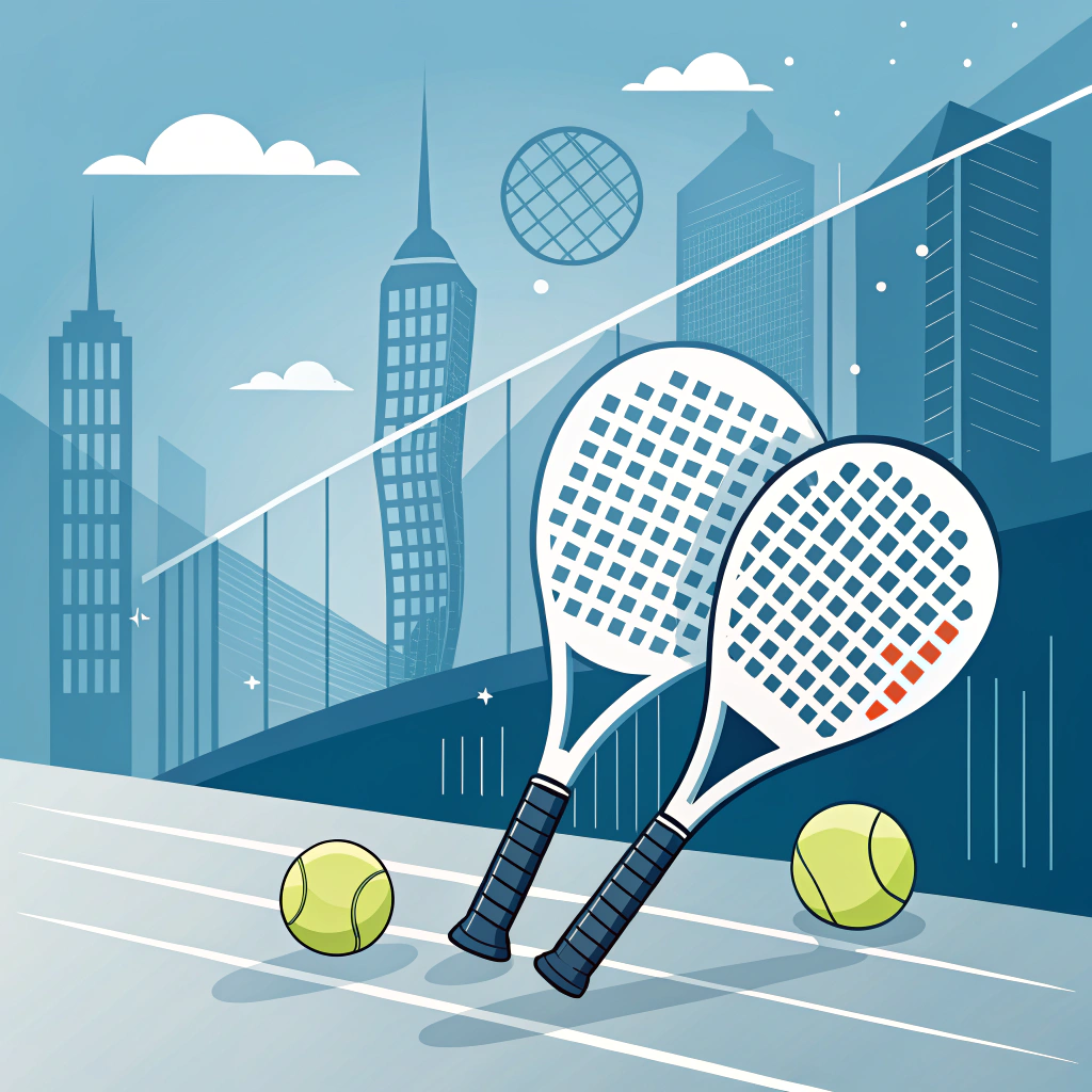 Minimalistic illustration of padel rackets, balls, and an abstract business background.