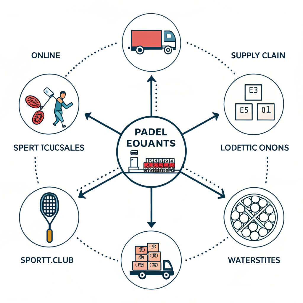 Minimal illustration showing interconnected channels and streamlined supply chain for padel business