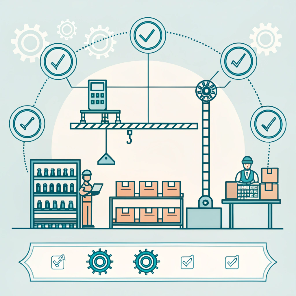 Flat minimalist image depicting an automated production process with machinery and quality control icons for padel gear