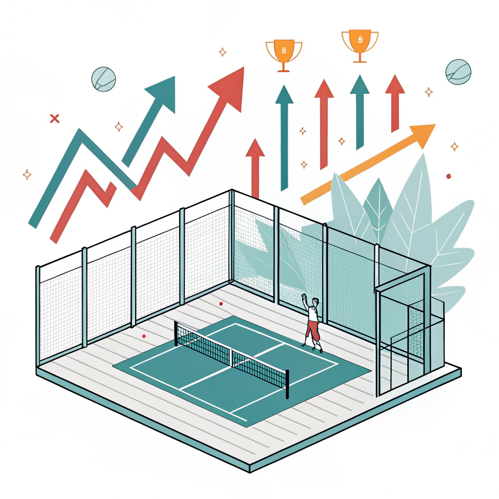 Simple minimal illustration of a padel court with abstract growth charts and dynamic trends