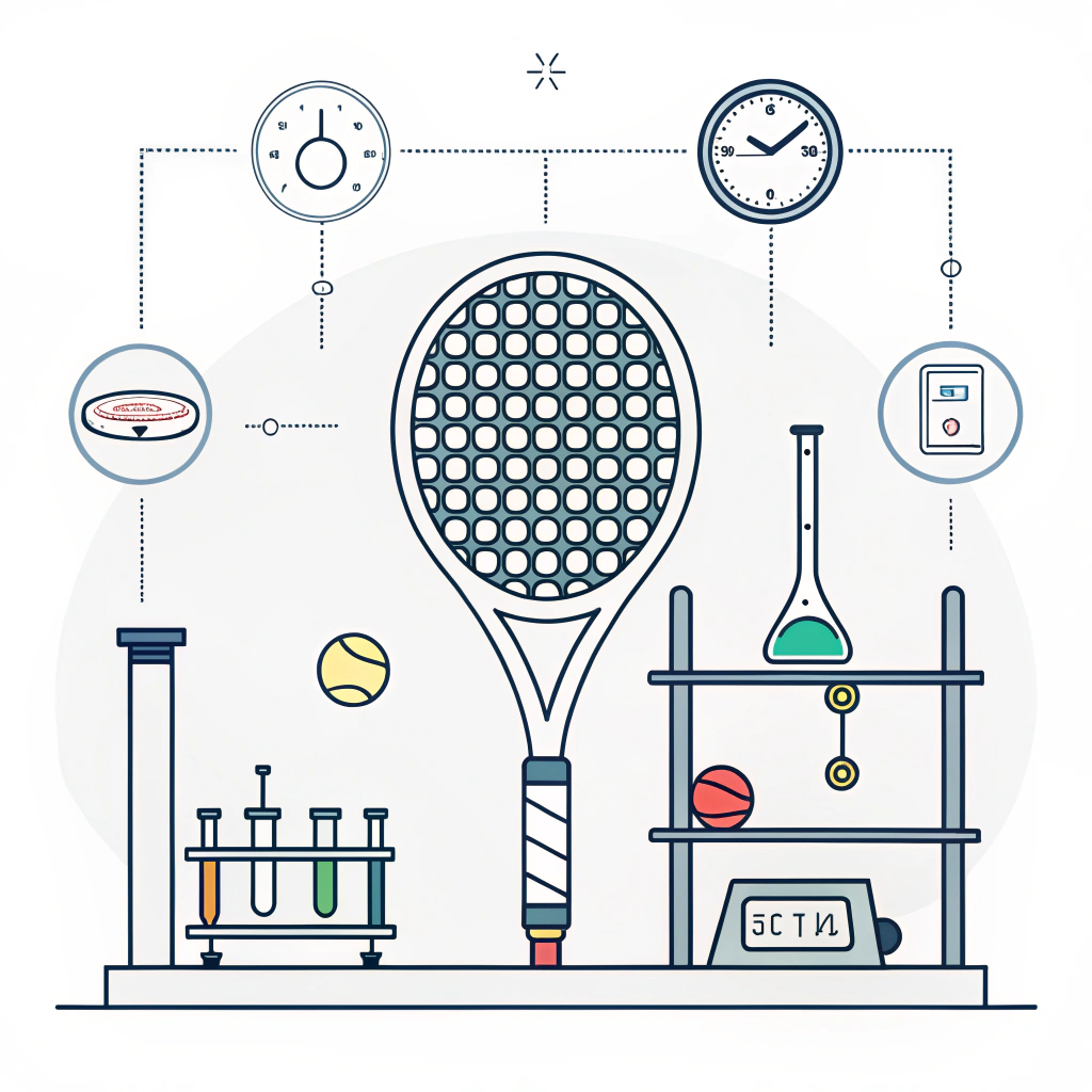 Simple 2D illustration of a padel racket being tested in a clean lab setting.