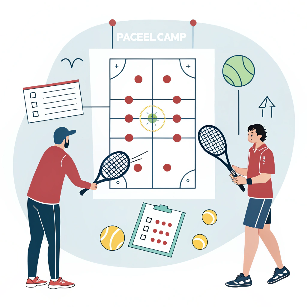 Minimalistic 2D illustration showing a padel camp planning scene with coach and equipment icons