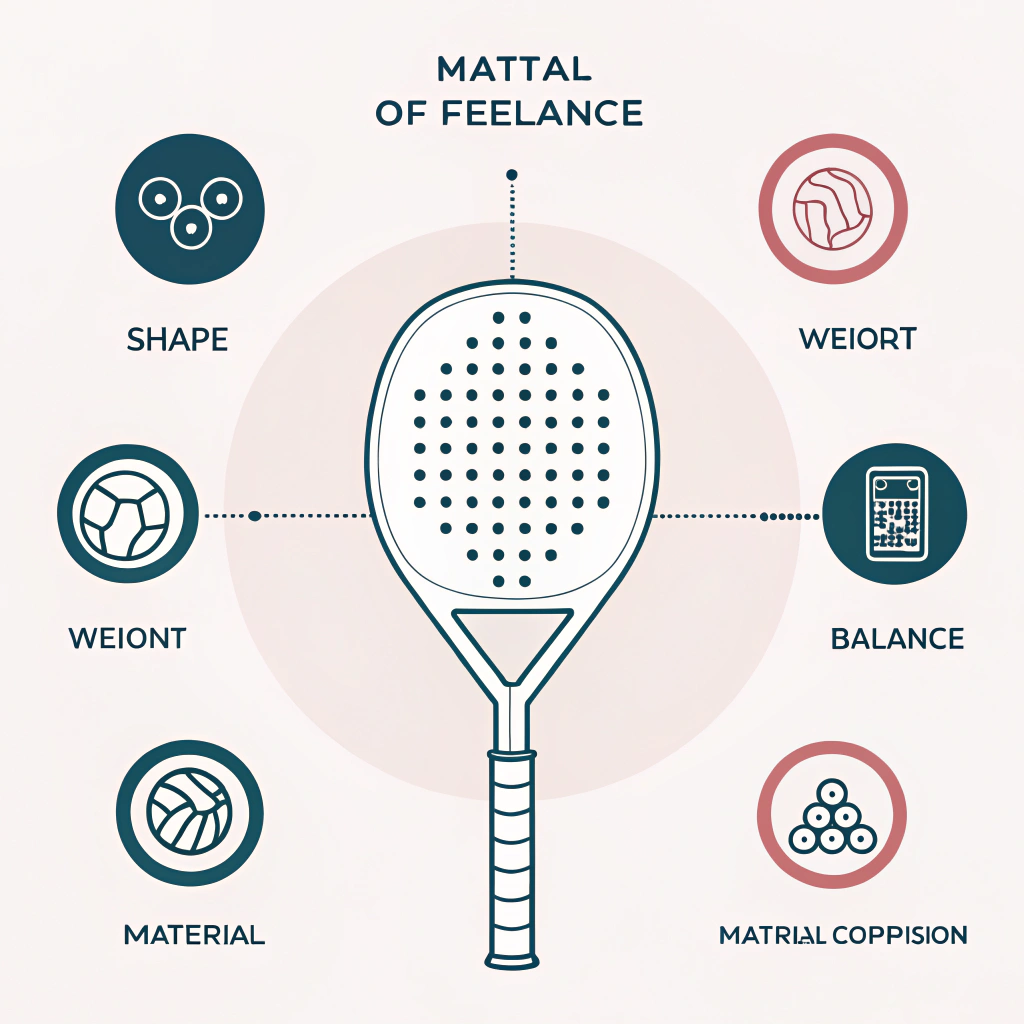 Clean, minimal infographic illustrating padel racket features with simple icons