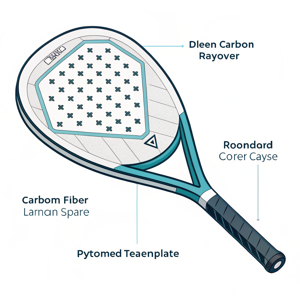 Minimalist exploded view of a padel racquet displaying material layers and geometric shapes