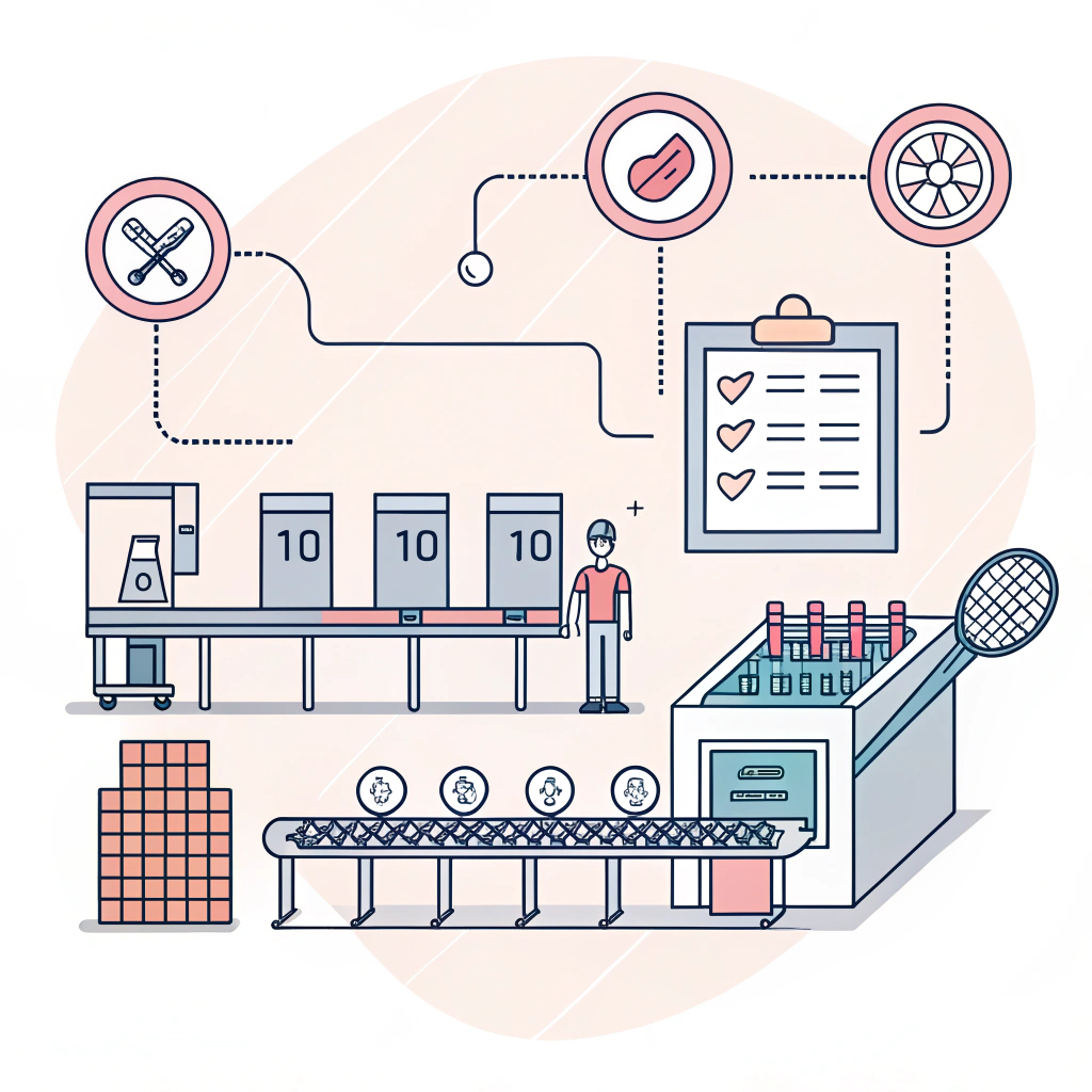 A flat minimal illustration of a modern padel production facility showcasing quality control and prototyping elements.