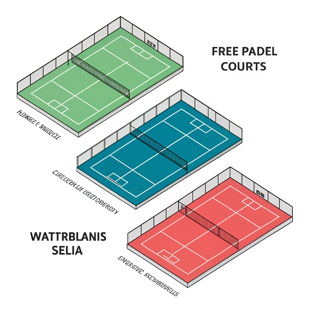 Minimalist illustration of three regional padel court designs in flat style.