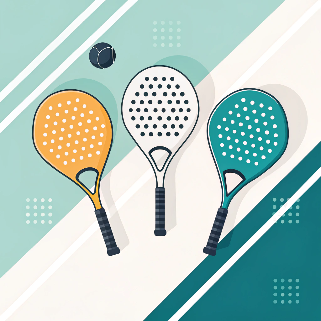 A 2D flat illustration showcasing three uniquely shaped padel rackets highlighting style and performance differentiation