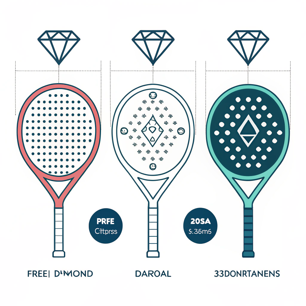 "flat design illustration comparing diamond, round, and teardrop padel racket shapes"