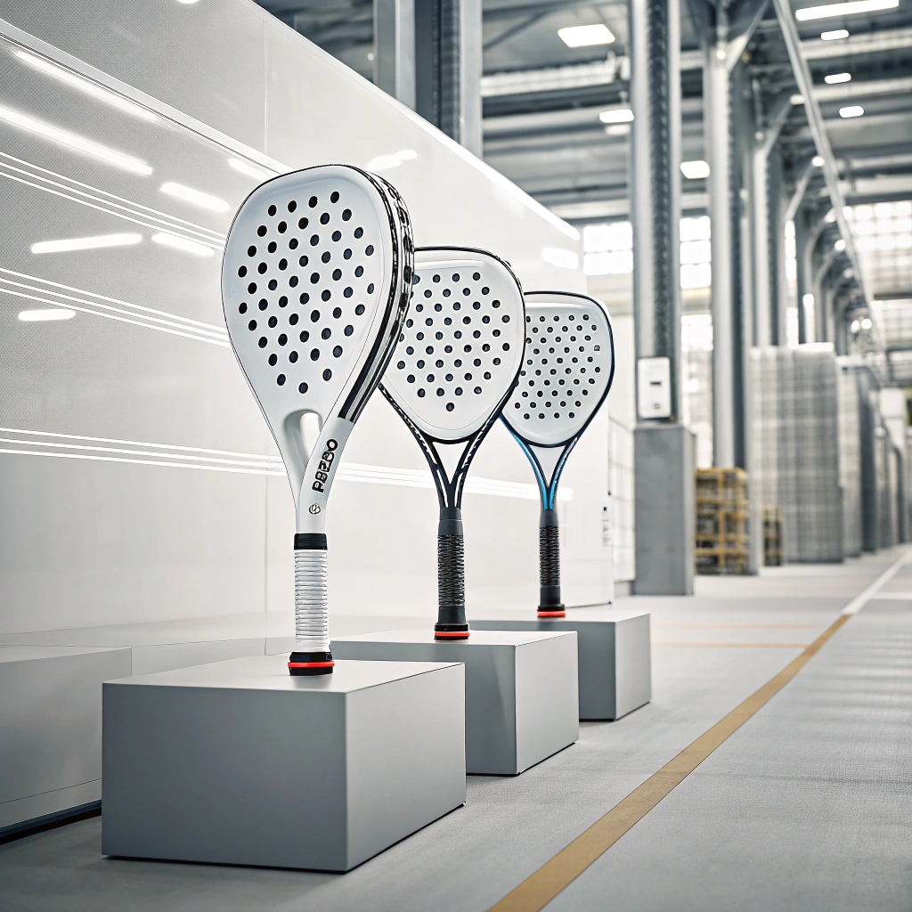 Minimalist illustration of padel rackets in a modern industrial setting