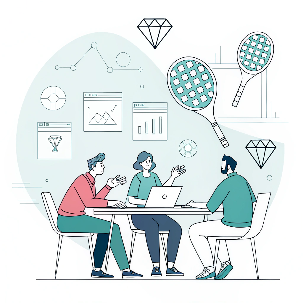 "Minimalist meeting scene with abstract padel paddle design sketches and figures."