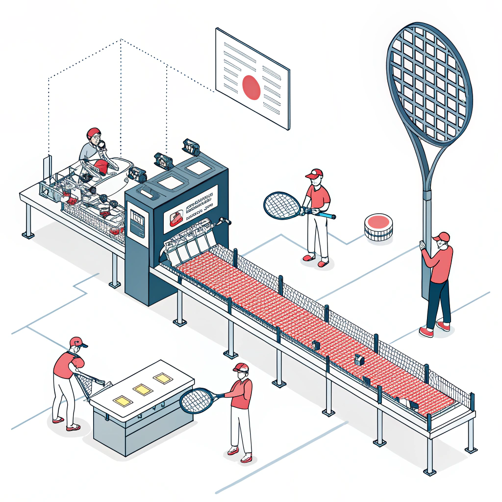 Minimalist flat illustration of advanced padel racket manufacturing and quality control