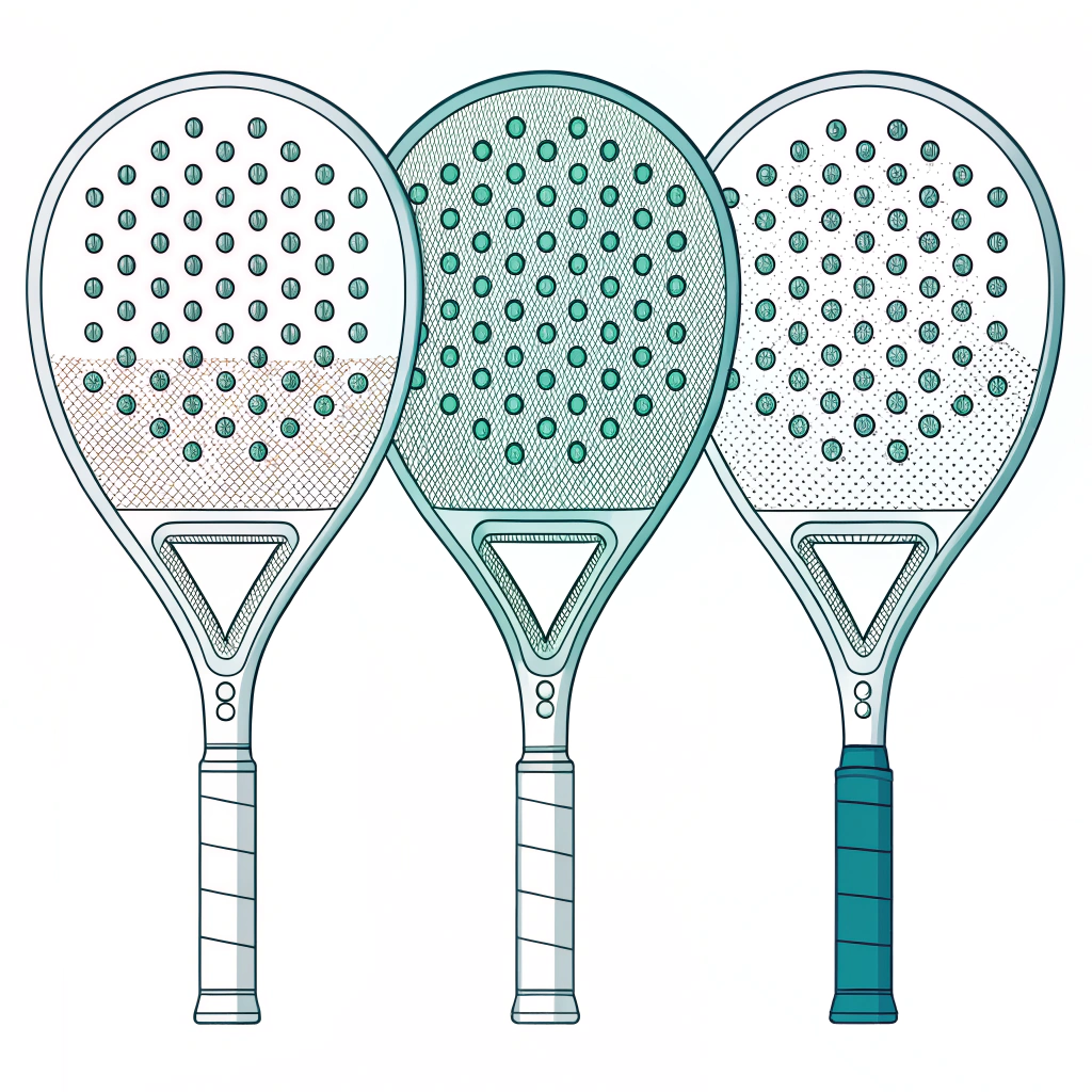Minimalistic illustration comparing three padel rackets with varied carbon fiber textures.