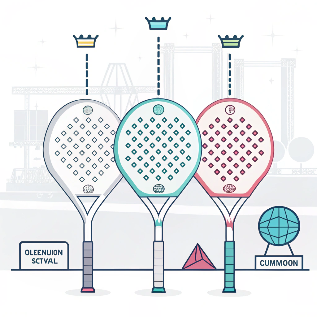 Minimal 2D illustration of custom padel rackets in a modern manufacturing scene.
