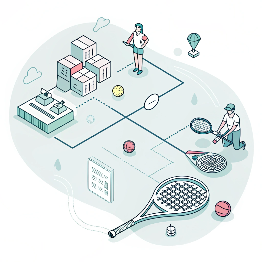 "Minimalistic illustration of interconnected padel equipment and business strategy elements."
