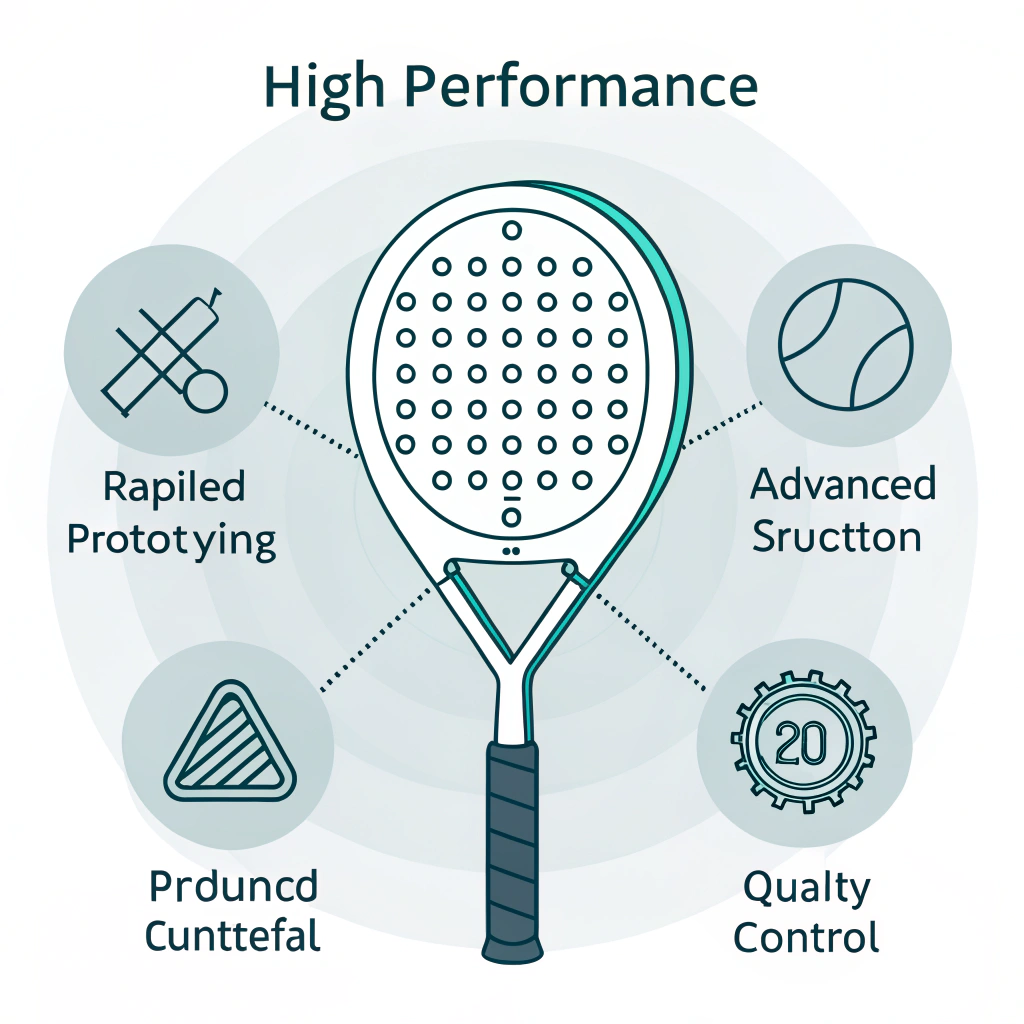 Minimalistic illustration of a padel racket with elements of advanced production and innovation.