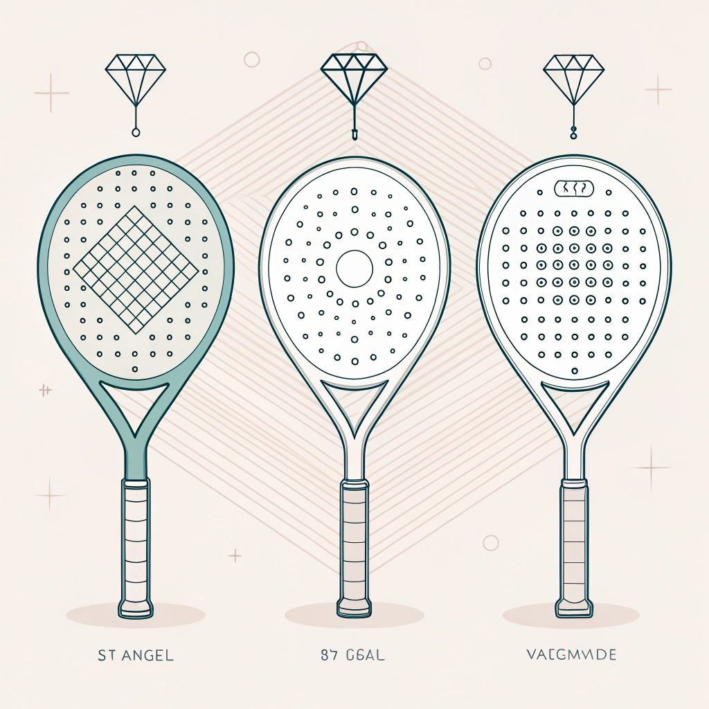"Three distinct minimal padel racket designs in flat 2D style"