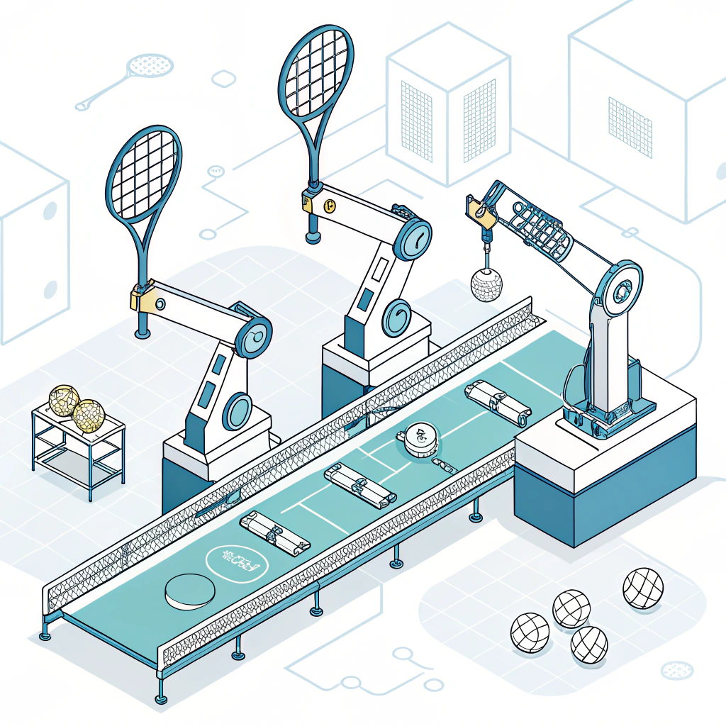 Minimalist digital art of robotic padel racket manufacturing process with geometric simplicity.