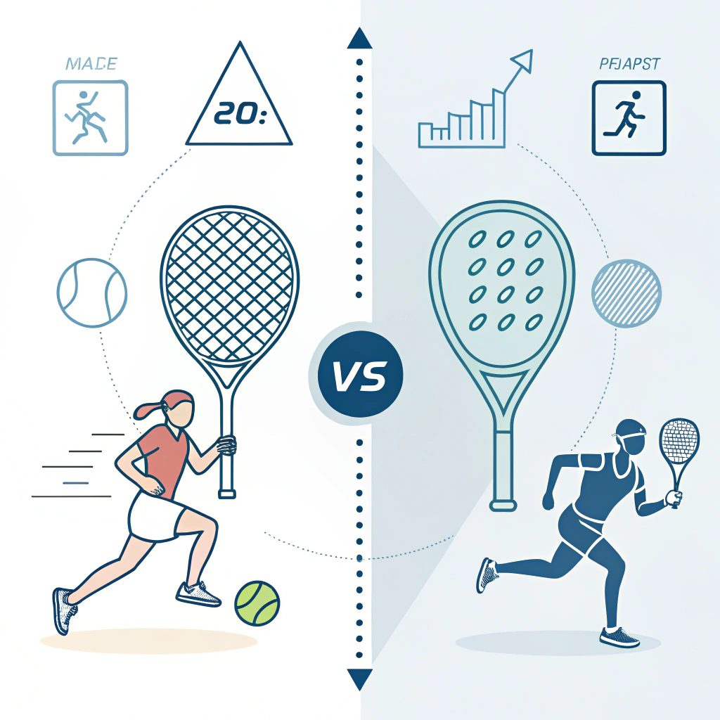 Minimal split-view 2D illustration contrasting lightweight and heavy padel racket design