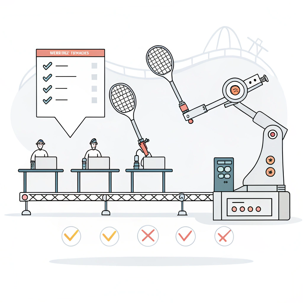 Minimal illustration of modern quality control in padel racket manufacturing