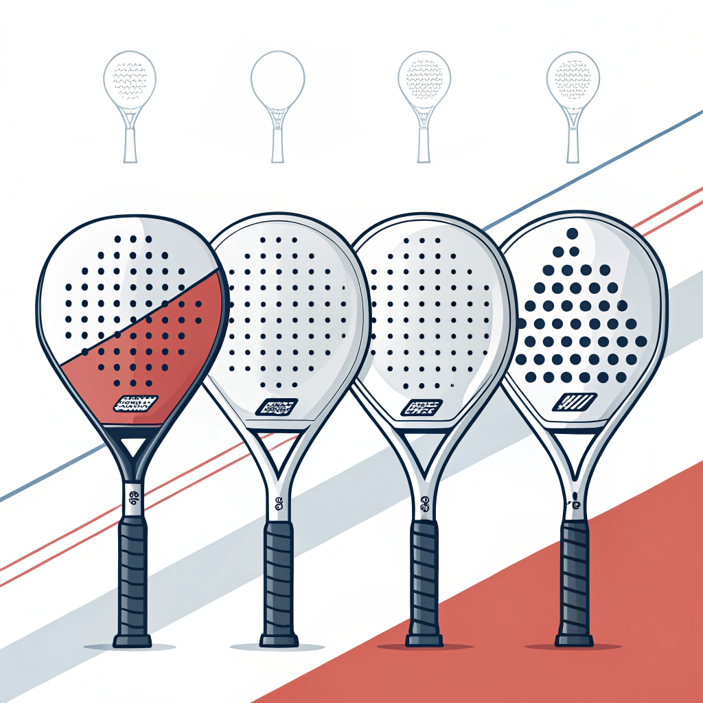 A minimalist 2D artwork of a lineup of uniquely customized padel rackets with varied modern designs