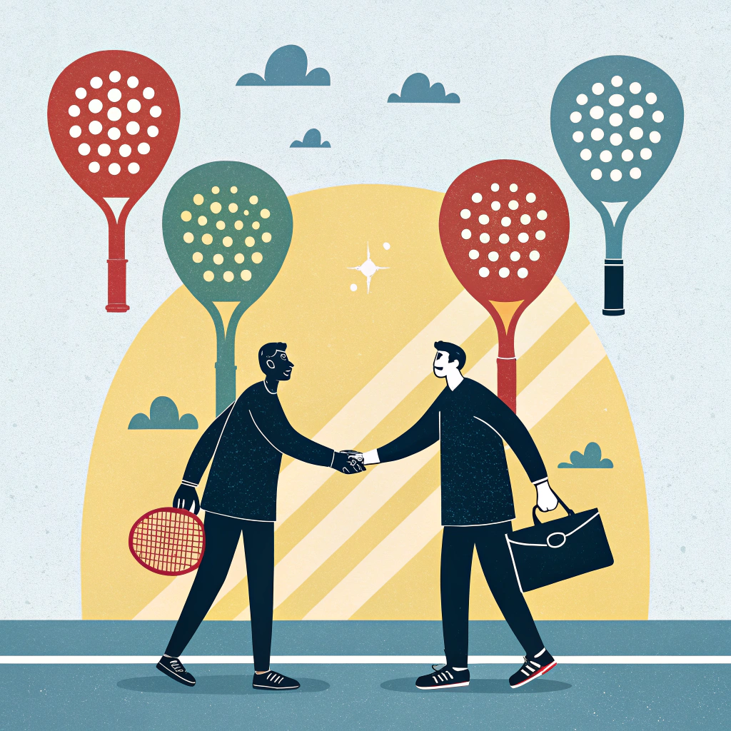 Minimalist illustration of collaborative partnerships in padel equipment manufacturing.