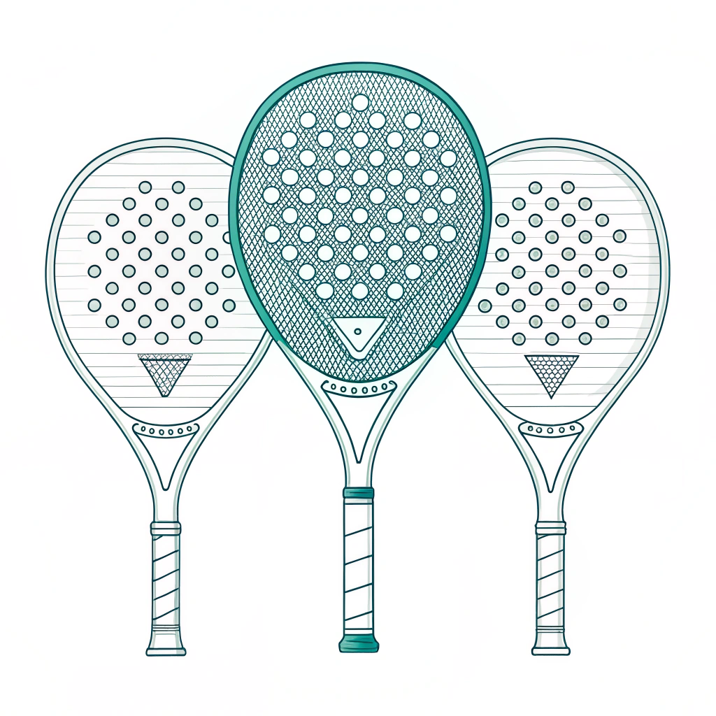Minimalist 2D illustration of various custom padel racket shapes and designs.