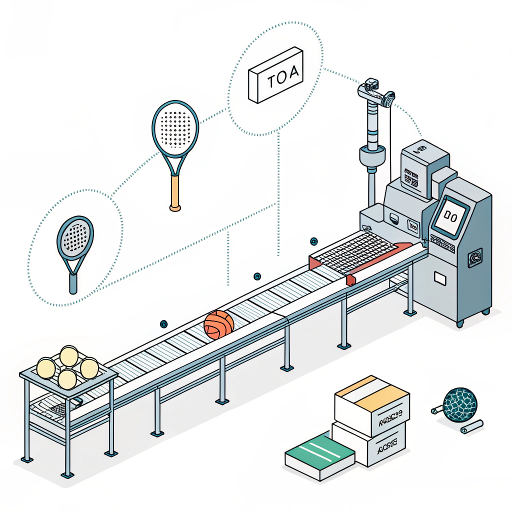 Minimalistic 2D illustration of a high-tech padel racket production process.