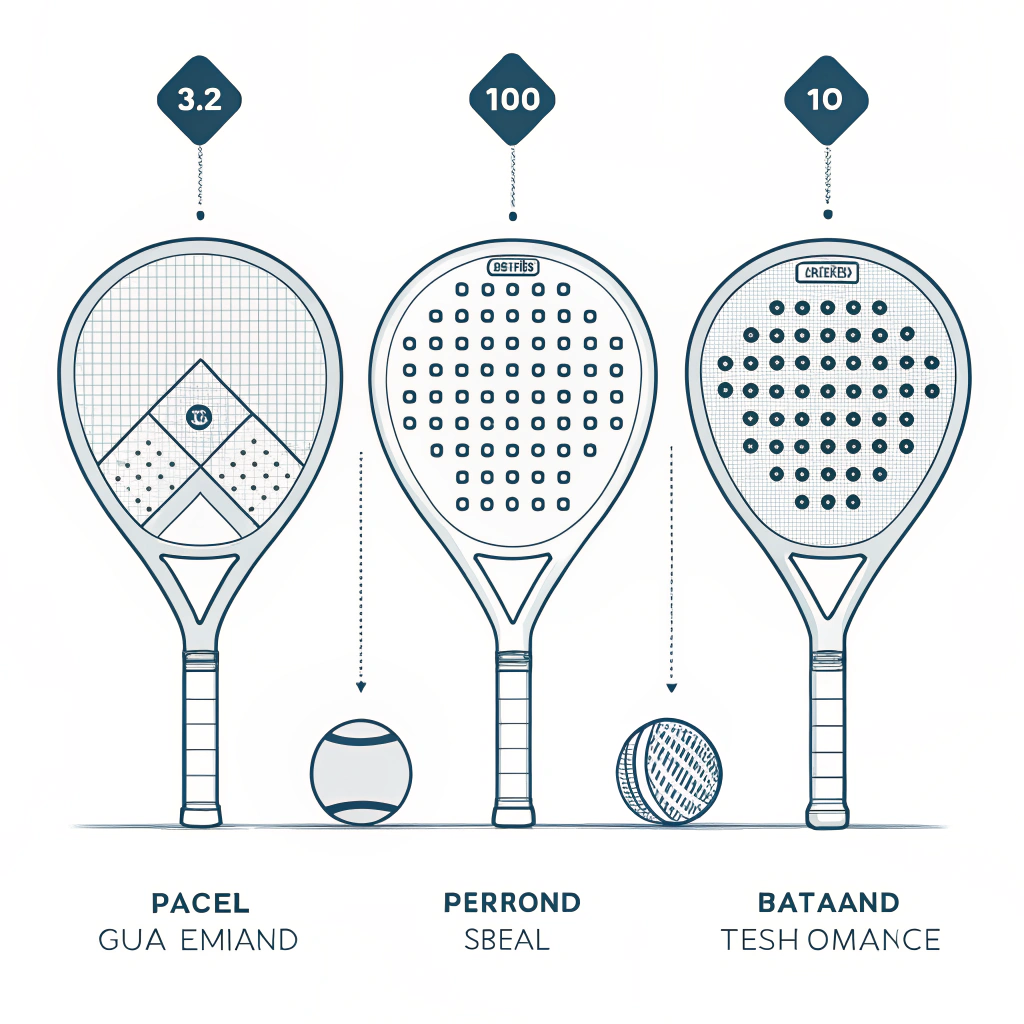 Minimalist illustration of three padel racket types with a simplified ball element