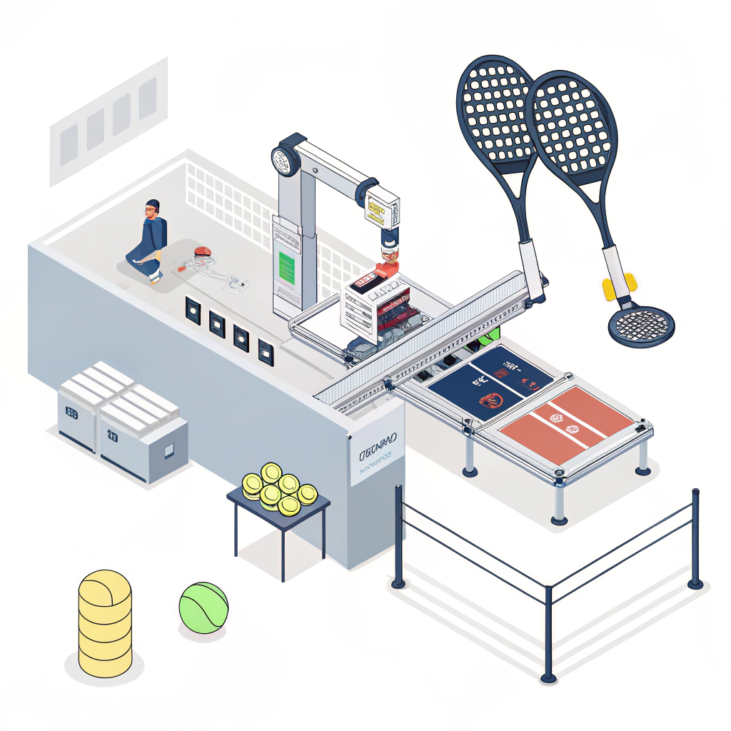 A minimalist flat design illustration of futuristic padel manufacturing and robotic assembly elements.