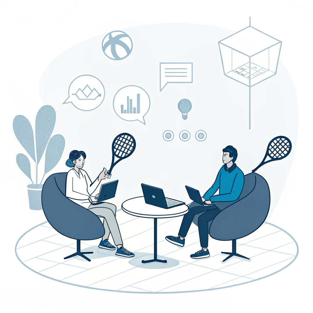2D minimalist illustration of abstract networking and sports equipment at a padel summit