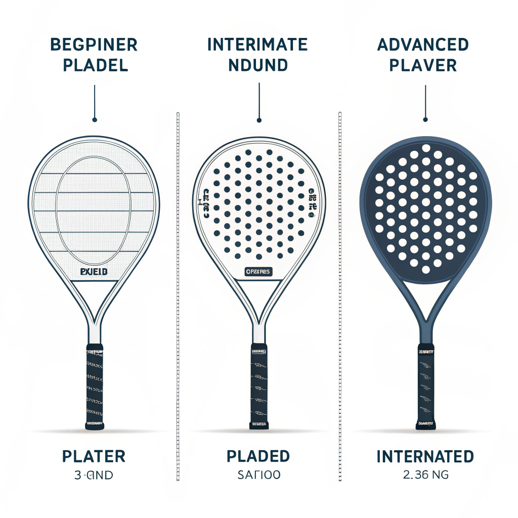 Minimal flat illustration comparing beginner, intermediate, and advanced padel racket designs