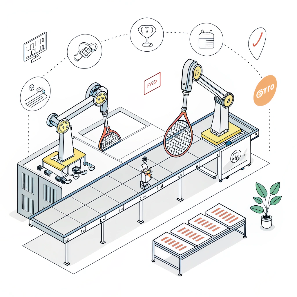 Minimalistic vector illustration of a padel racket production line with quality control elements