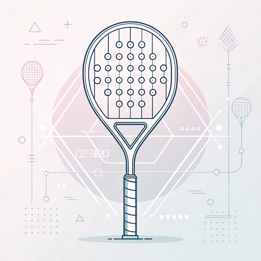 Minimalistic 2D illustration of a diamond padel racket with abstract technical details.