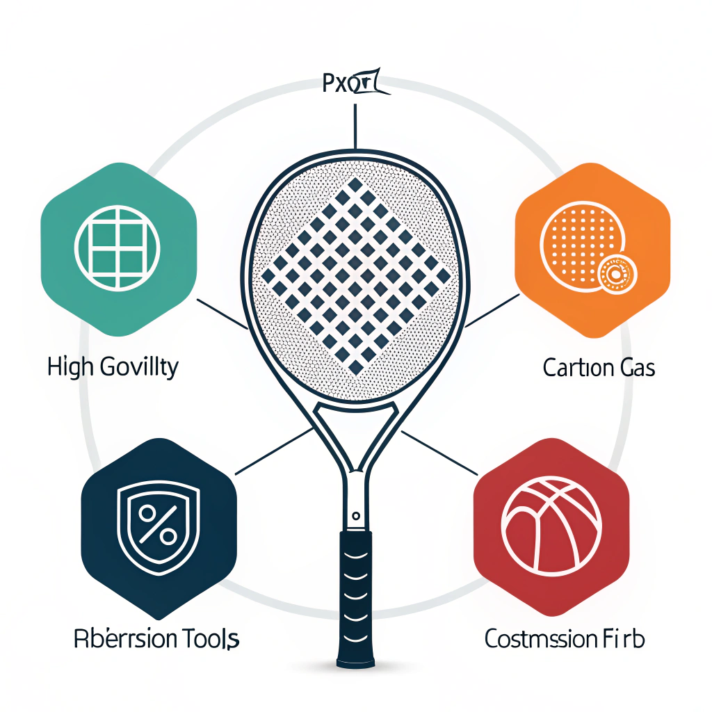 Minimalist 2D illustration of a padel racket with material icons