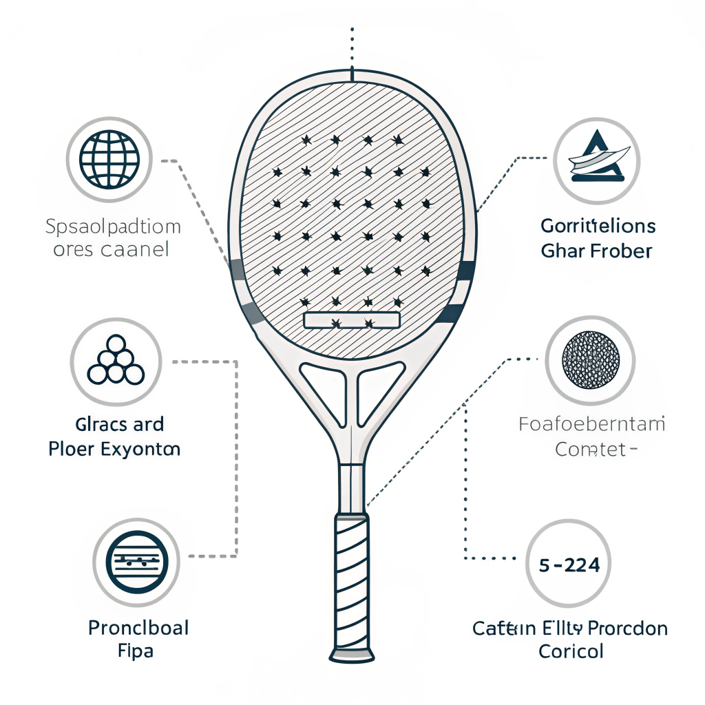 2D minimal illustration of a padel racket cross-section emphasizing material quality and production details.