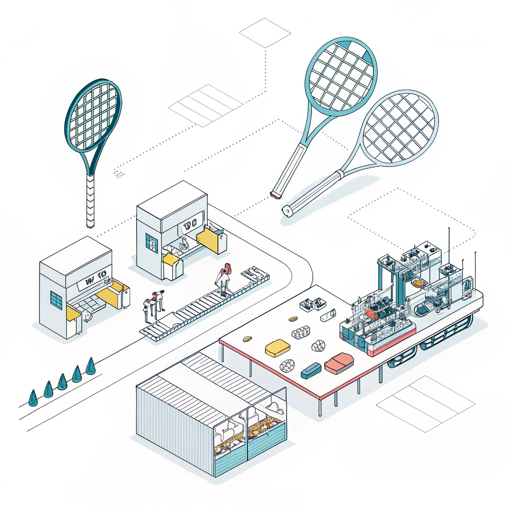 Minimalist 2D illustration of padel rackets and abstract production elements in a modern style